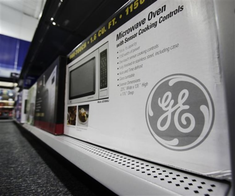 In this photo made Oct. 14, 2009, a General Electric (GE) microwave is shown at Best Buy in Mountain View, Calif. General Electric Co. on Friday, Jan. 22, 2010, posted a 19-percent drop in fourth-quarter earnings, hurt by lower profits on products like jet engines and continuing troubles in commercial real estate lending.(AP Photo/Paul Sakuma)